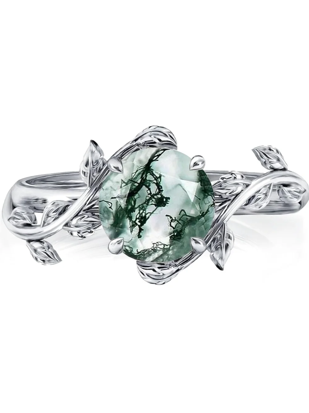 Sterling Silver Green Moss Agate Leaf Ring. MANY SIZES